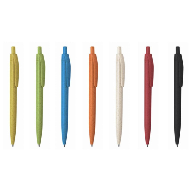 A set of seven push-up ball pens in various colours: green, blue, orange, cream, red, and black, each with a logo.