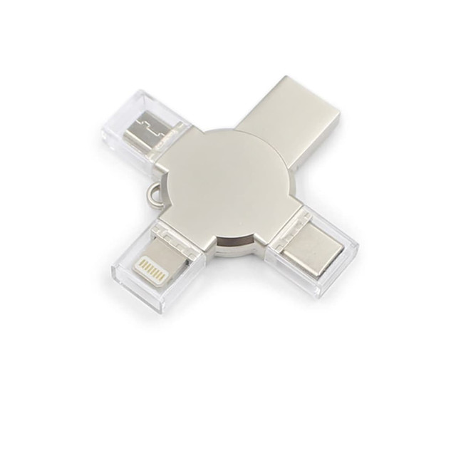 A silver 3-in-1 USB flash drive with multiple connectors, featuring a clear casing on the sides.