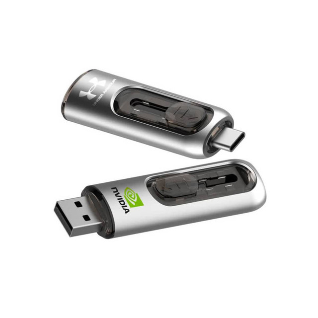 A silver 2-in-1 USB flash drive with a transparent casing and a branding logo. Features both USB and USB-C connectors.