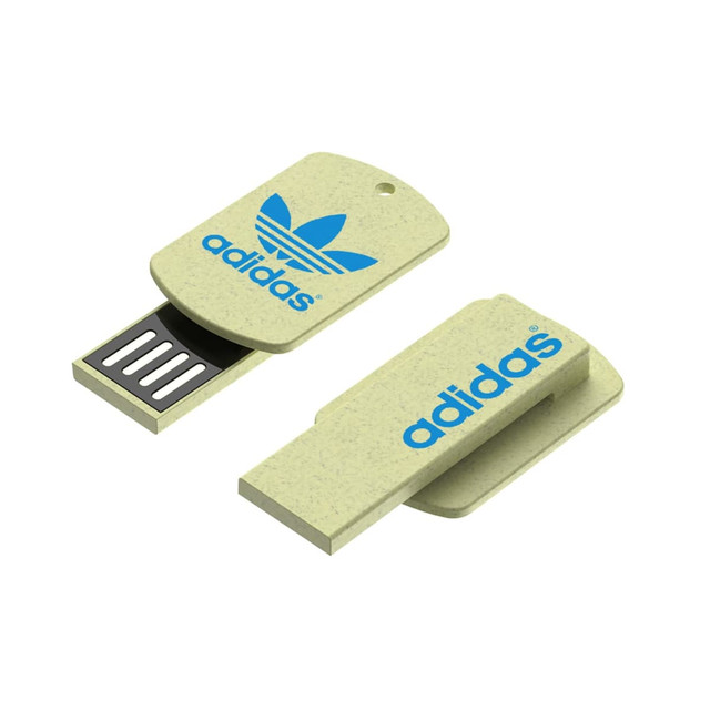 A natural straw USB flash drive in a pale green colour, featuring a logo on the front.
