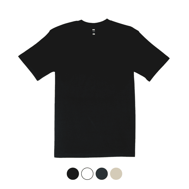 A classic fit black T-shirt with short sleeves, featuring a logo on the neckline and multiple colour options below.