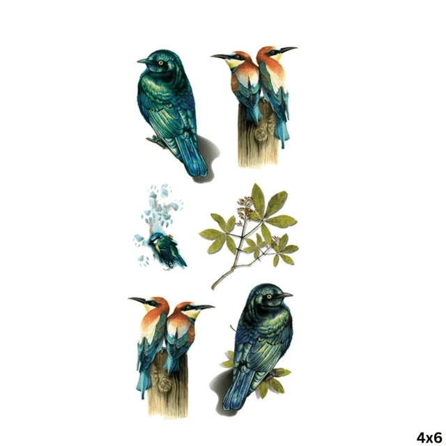 A waterproof temporary tattoo featuring green and blue birds, alongside leaves and a splash of water, sized 4cm x 6cm.