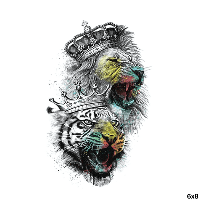 A waterproof temporary tattoo featuring a lion and tiger with crowns, illustrated in vibrant colours.