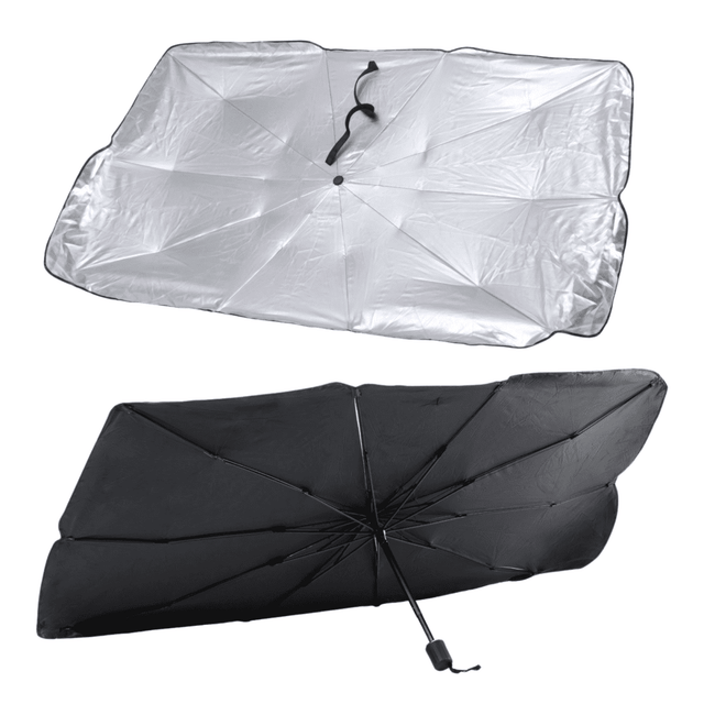 An umbrella sunshade featuring a silver side and a black underside, showcasing a collapsible design and sturdy structure.