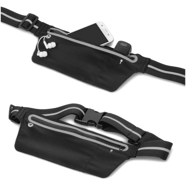 A black running pouch featuring a zippered pocket, adjustable straps, and space for a phone with earphones.
