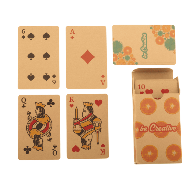 Custom playing cards featuring a beige colour with black and red designs, packaged in a matching box with a logo.