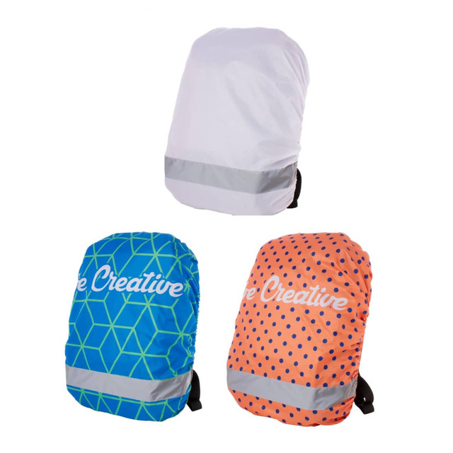 AERO Custom Reflective RPET Backpack Covers in white, blue geometric, and orange polka dot designs with reflective accents.