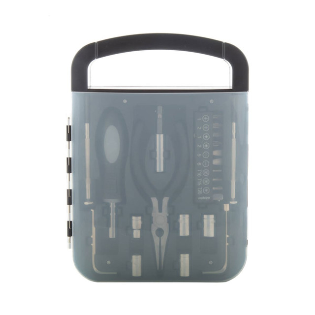 A 22-piece tool set in a grey carry case, featuring various tools including pliers and sockets. It has a handle and branding.
