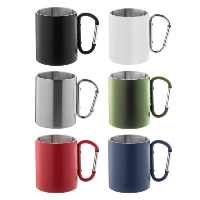 A drink bottle featuring a stainless steel interior with a carabiner handle in black, white, silver, green, red, and blue.