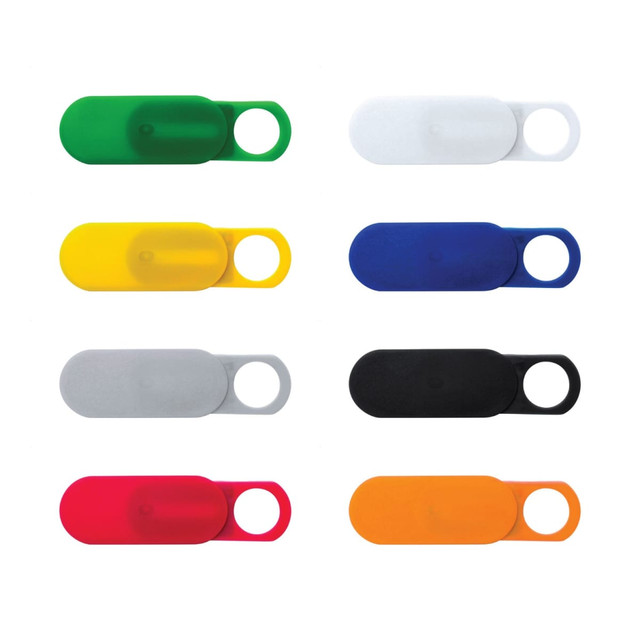 A set of sliding webcam blockers in green, white, yellow, blue, grey, black, red, and orange. Each has a circular opening and a logo.