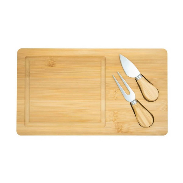 A bamboo cheese board with a clear section and two stainless steel utensils with wooden handles.