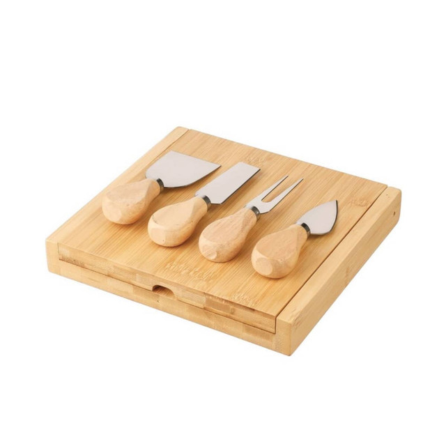 A bamboo cheese board set with four stainless steel cheese knives featuring wooden handles.