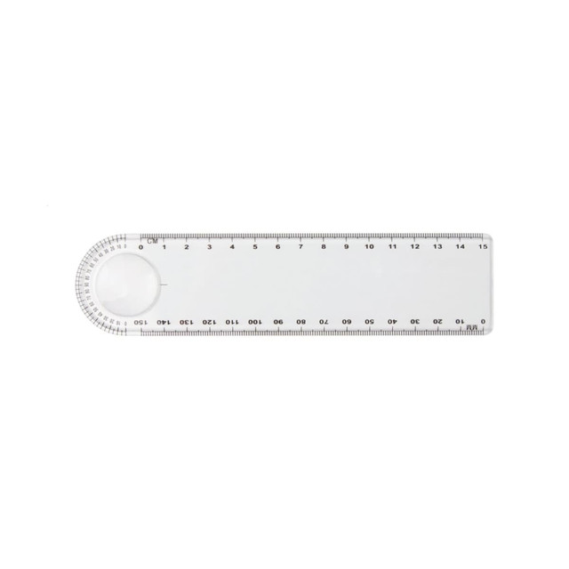 A transparent magnifying ruler, 15cm in length, featuring measurements and a circular magnifying section.