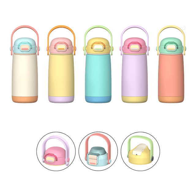 A drink bottle set featuring five pastel-coloured stainless steel bottles with removable lids and handles. Each bottle has a logo.