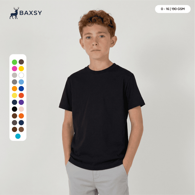 A plain black youth tee displayed on a model, surrounded by a colour palette of various options.