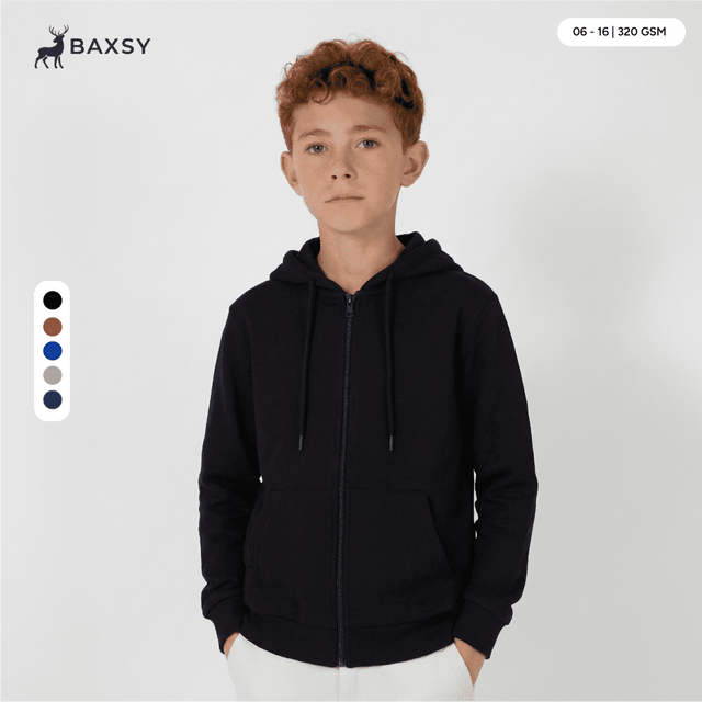 A zip hood in black with a hood, featuring a logo and various colour options available.