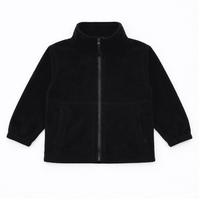 A black polar fleece full zip jacket with a high collar and two front pockets. It features a logo on the chest.