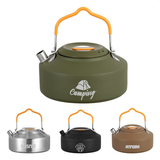 A camping kettle in green with an orange handle, featuring a spout and a logo, alongside two silver and black options.