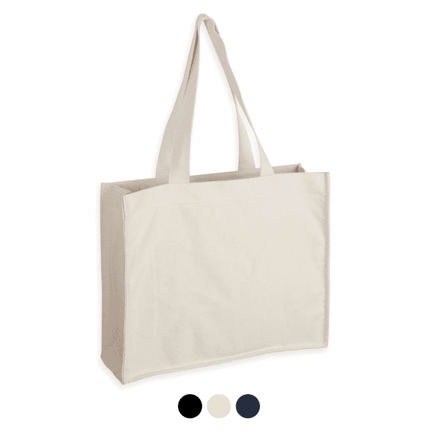 A beige canvas bag with long handles, featuring a section showing different colour options below.