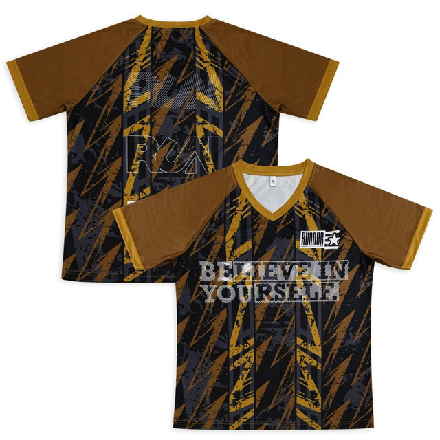 A custom women's active V-neck T-shirt in black and golden brown featuring a patterned design and a logo.