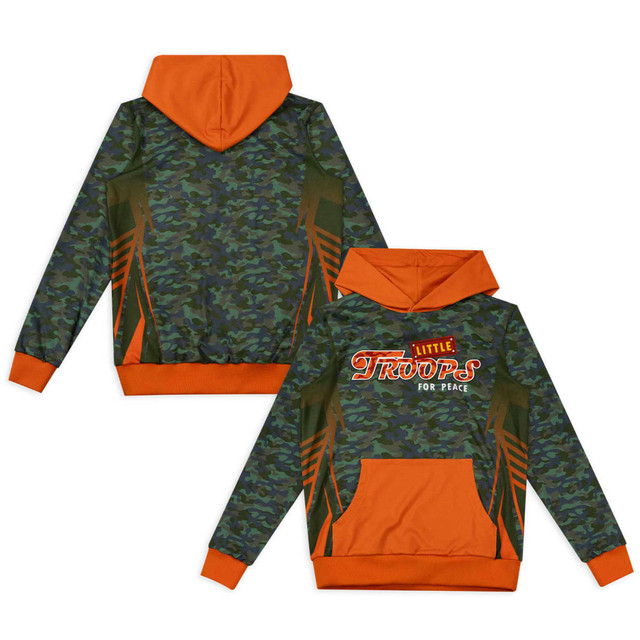 A youth active hoodie in a camouflage pattern with orange accents and a logo, featuring a front pocket and hood.