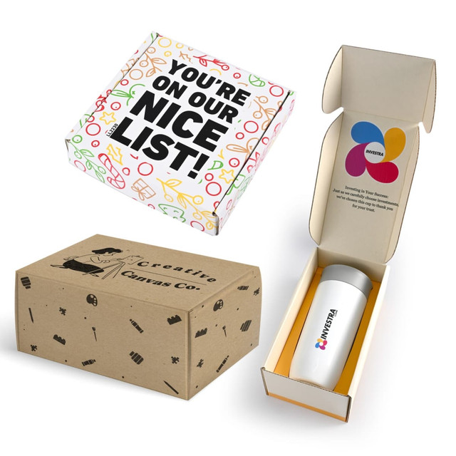 A custom box design featuring a patterned exterior, one with a logo, and an inner compartment for a drink bottle.