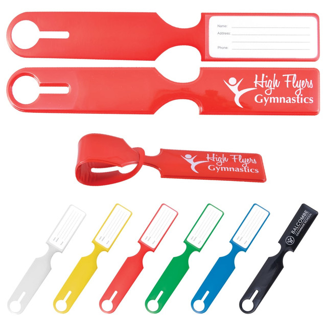 A collection of colorful luggage tags in red, white, green, blue, and black, featuring a logo and blank information sections.