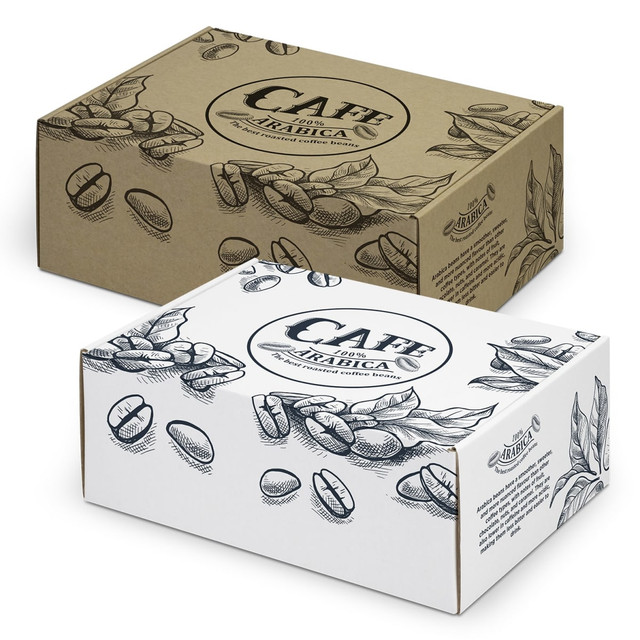 Two die cut boxes with locking lids in brown and white, featuring coffee bean illustrations and logos.