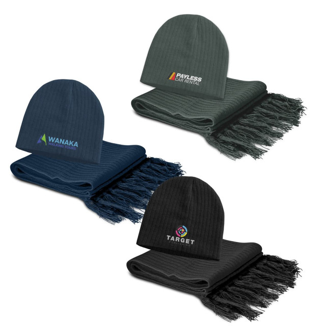 A set of three beanies in navy and black, paired with matching scarves featuring fringes and distinct logos.