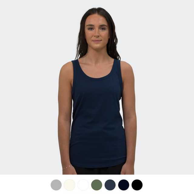 A woman wears a navy blue tank top. The product features a branding logo and is available in multiple colours.