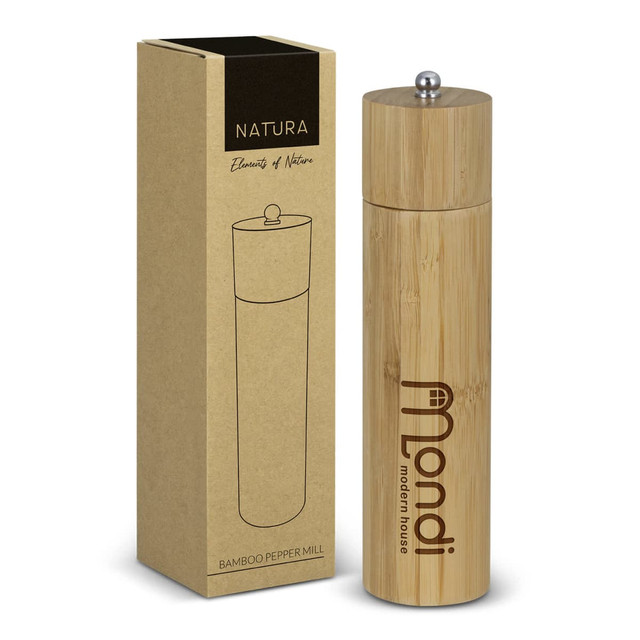 A bamboo pepper mill with a wooden finish and a silver top, displayed in a natural cardboard box.