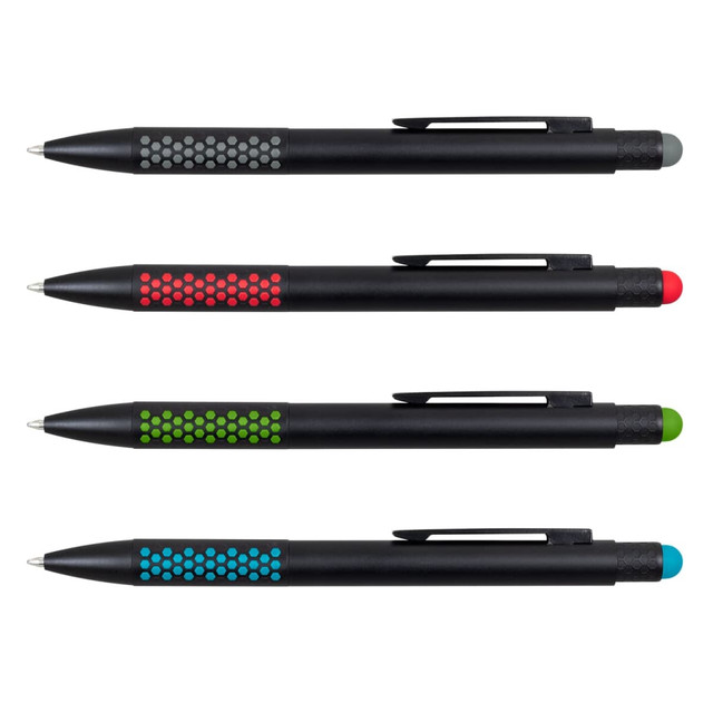 A set of four stylus pens in black with grey, red, green, and blue accents, each featuring a logo.