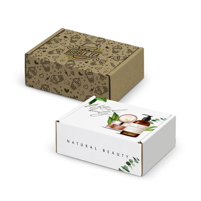 Die cut boxes with locking lids in brown and white, featuring different designs and a logo on each.