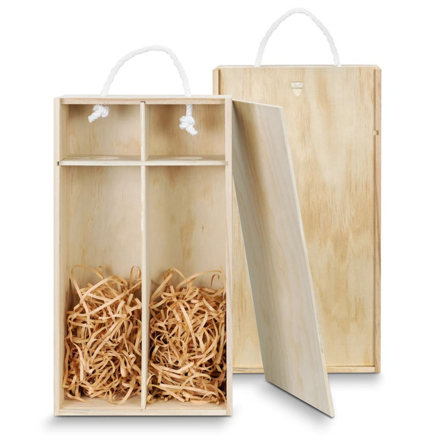 A wooden gift box with a natural finish, featuring compartments filled with straw and a rope handle.