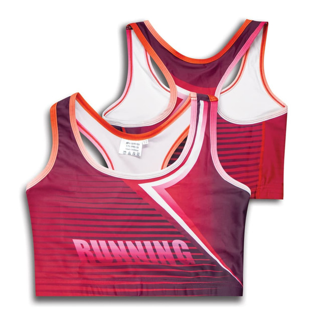 A custom women's athletics crop top in pink and purple with a stylish design and logo.