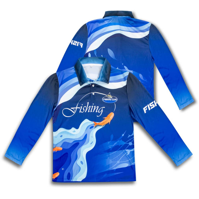 A long-sleeve blue polo shirt featuring a wave design and a logo on the front and sleeve.