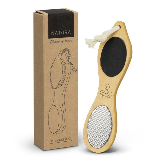 A NATURA pedicure tool made of bamboo, featuring a textured surface and a rope loop, displayed with its packaging.