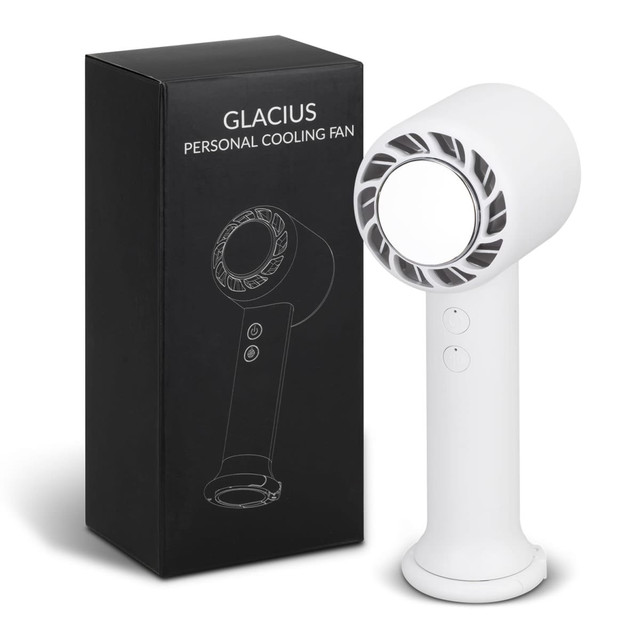 A white personal cooling fan stands beside its black packaging, featuring a logo on the box.