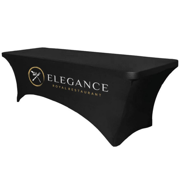 A black stretch table cover for a 6-foot table featuring a logo. Ideal for exhibitions and events.
