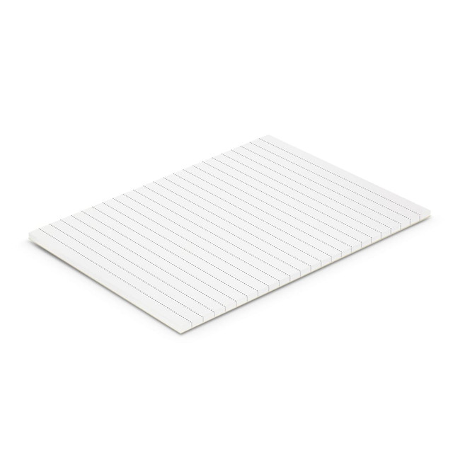 A notepad featuring lined pages, rectangular shape, and a clean white design, with a branding logo on it.