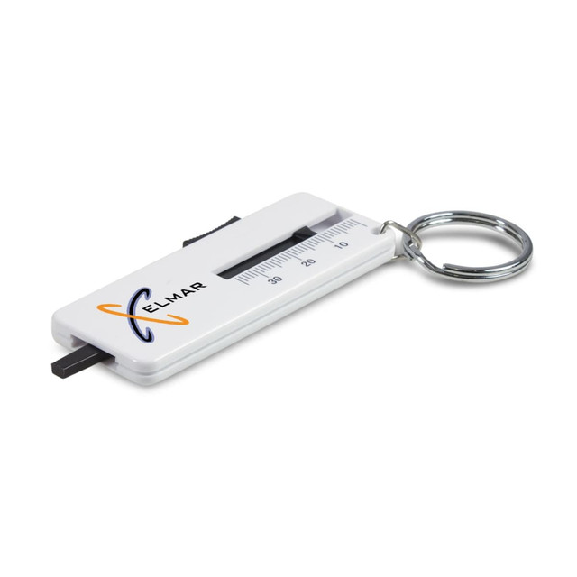 A white tyre tread key ring with a keychain, featuring a ruler and a branding logo.