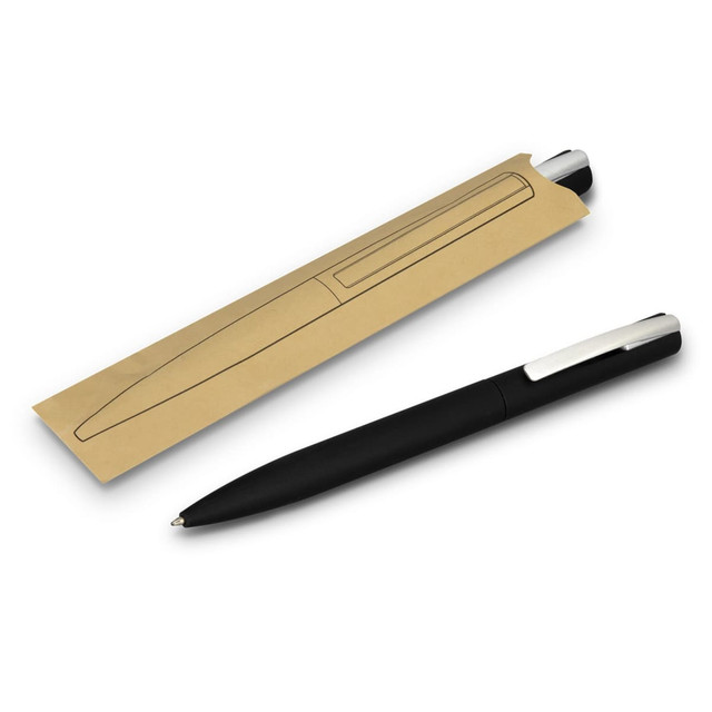 A black metal pen placed beside its packaging, which has a minimalist design and includes a logo.