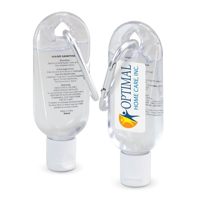 A clear 30ml hand sanitiser container with a carabiner clip, featuring a logo and white cap.