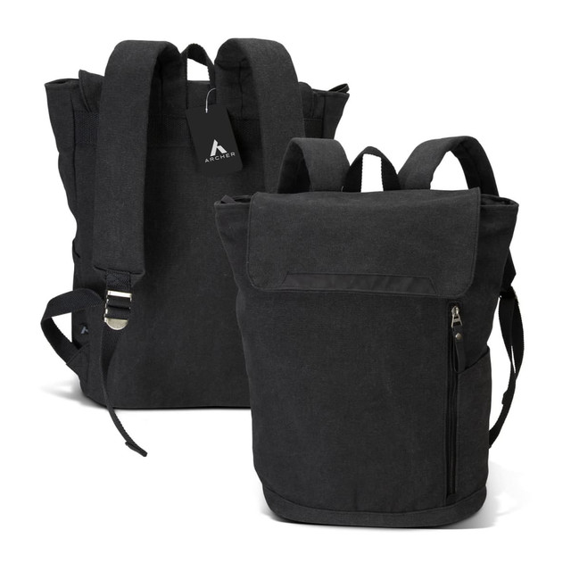 A black canvas backpack with adjustable straps and a front zipper pocket. It features a logo on the tag.