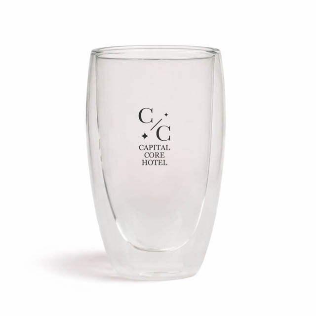 A double wall glass cup in clear with a logo on the front, designed for hot and cold beverages.