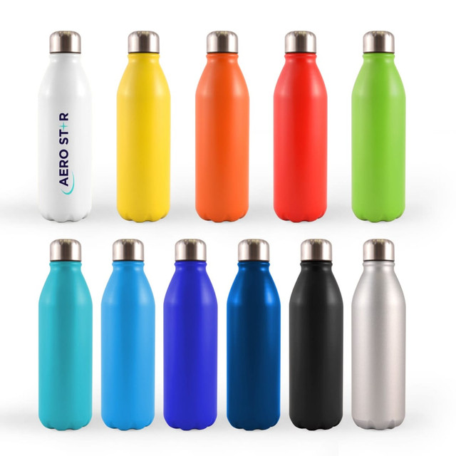 A drink bottle collection featuring various colours: white, yellow, orange, red, green, blue, black, and silver, with metallic lids and branding.