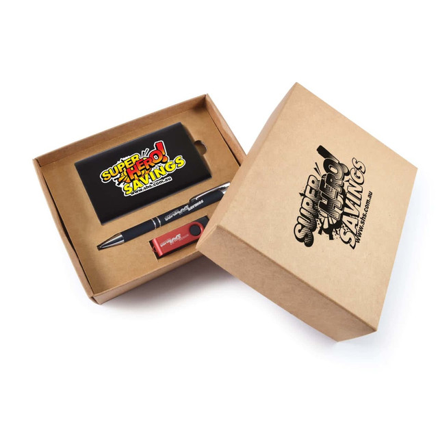 A gift set featuring a notebook, a pen, and a USB drive, all presented in a cardboard box with colorful branding.
