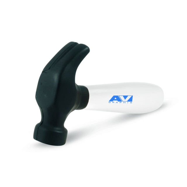 A Stress Hammer featuring a black rubber head and a white body with a blue logo.