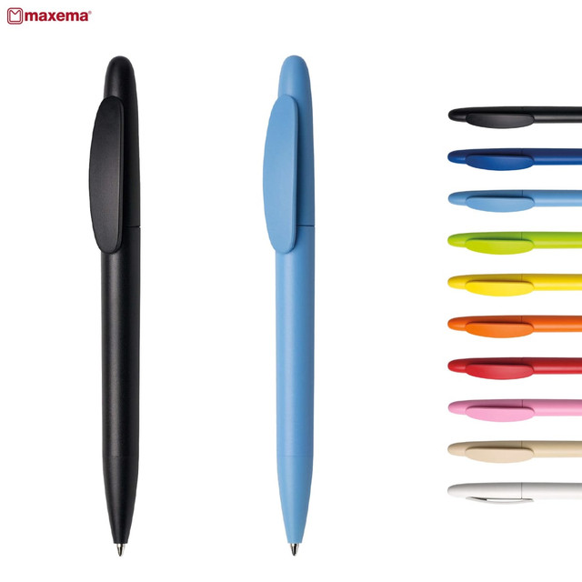 Two plastic pens in black and blue, alongside a row of pens in various bright colours. Each pen has a clip and rounded design.