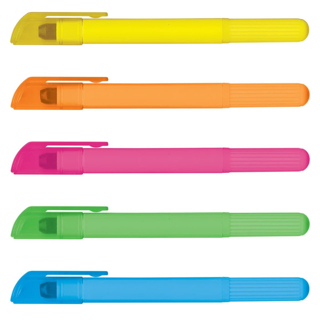 Five wax highlighters in yellow, orange, pink, green, and blue, featuring caps for each colour. Each has a textured grip and a logo.